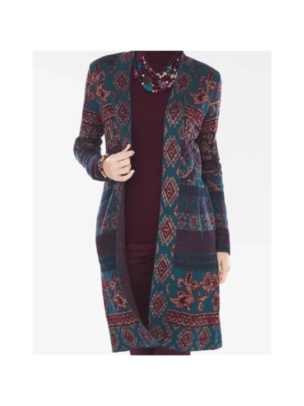 Chico’s Tapestry Jacquard Knit Duster Open‎ Front Cardigan Sweater Boho Medium